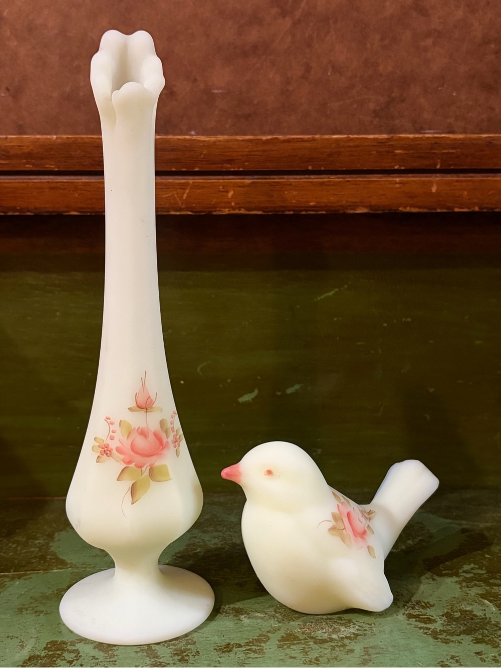 Vintage- Uranium Fenton Glass- Bird Figurine “Bird of Happiness” and Bud Vase